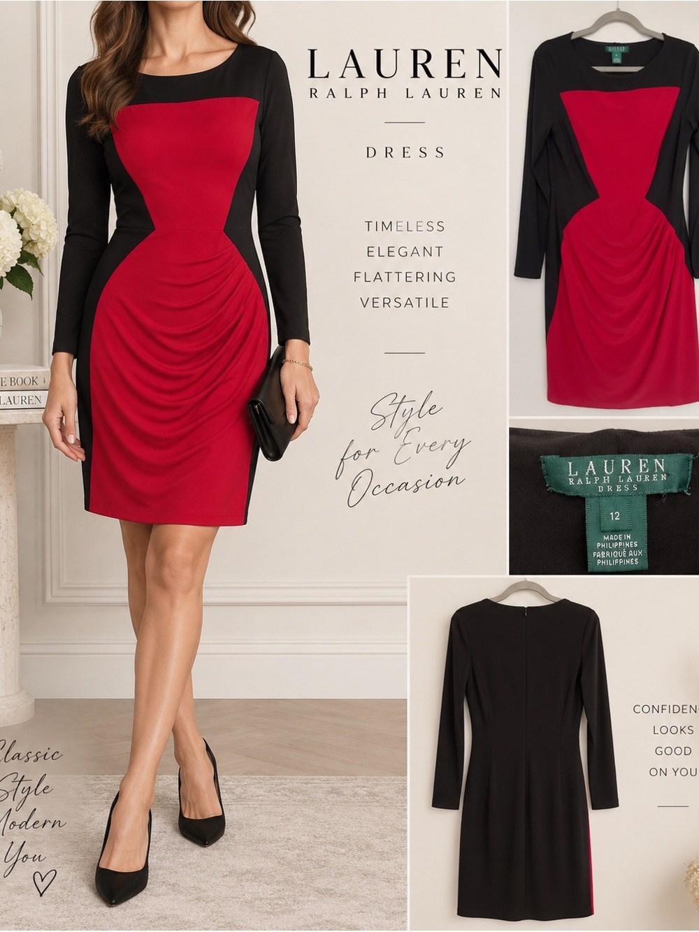 Lauren Ralph Lauren Black Red Colorblock Ruched Dress Size 12